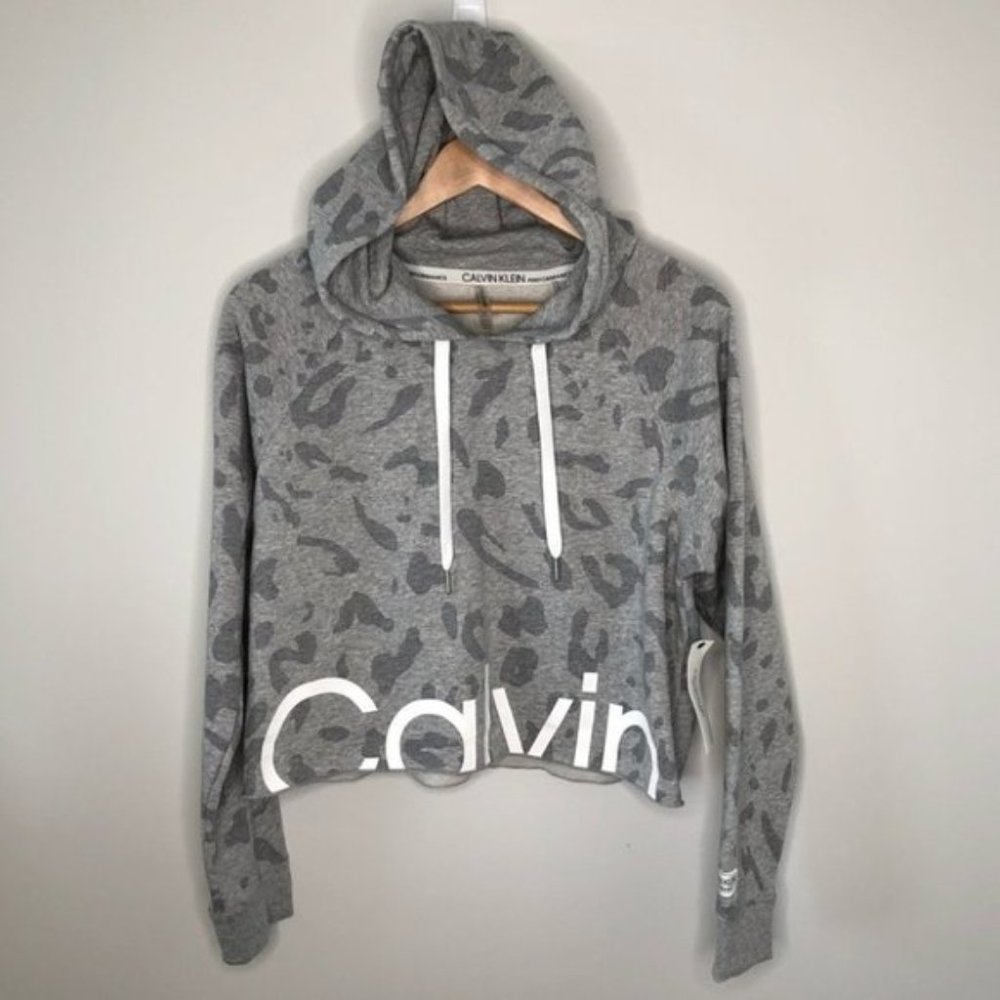 Calvin Klein Performance Grey Leopard Print Cropped Hoodie Size  Medium